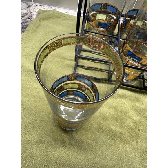 6 MCM Culver Empress Highball Glass Set 22K Gold Trim Caddy Table Top Decor Bar - Picture 4 of 16